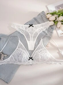 1 Set Women's Solid Color Bowknot Wireless Comfortable Lingerie Set - White - View 3