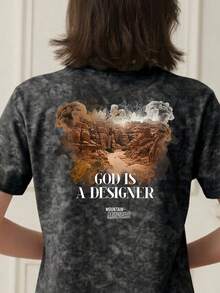 女士标准水洗T恤 | “上帝是设计师”基督教信仰图案T恤 | 复古山景印花 | 简约休闲街头风上衣 - 黑色 - 查看 2