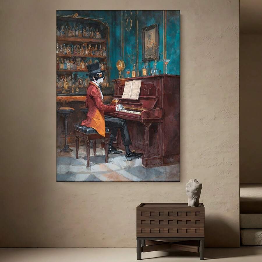 Enmarcado 1 pieza, con marco, [2D Plano] Pintura de Piano Estilo Manga Divertido, Impresión en Lienzo de Piano, Arte de Bar de Piano, Regalo para Pianista, 2D Plano - Enmarcado - Ver 1