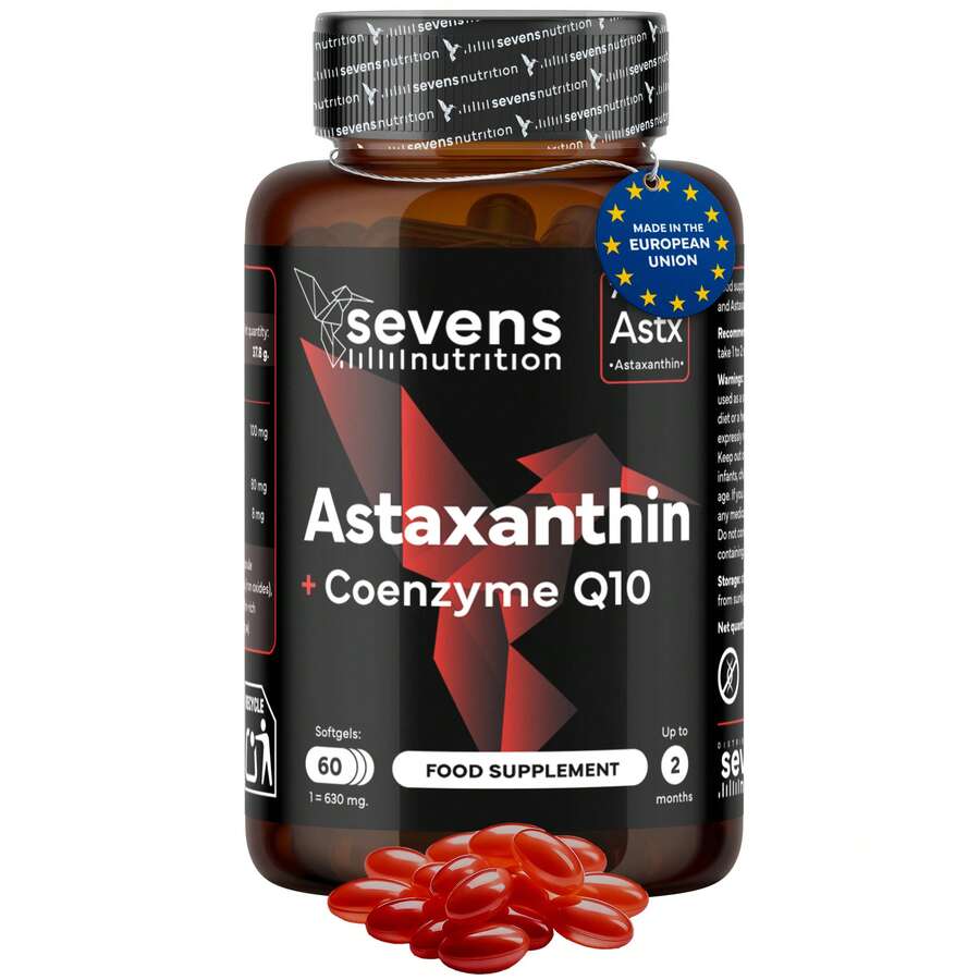 SEVENS NUTRITION Reines, natürliches Astaxanthin Astapure® 80 mg mit Coenzym Q10 und nativem Olivenöl extra – Enthält 8 mg der Mikroalge Haematococcus pluvialis – Starkes Antioxidans, unterstützt die Gesundheit von Augen, Haut und Immunsystem – 60 Weichkapseln – Hohe Bioverfügbarkeit – Lieferung innerhalb von 24/48 Stunden - 60 zählen - Übersicht 1