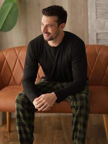 Men's Long Plaid Pajamas Cold Winter Flannel - 綠色 - 查看 4