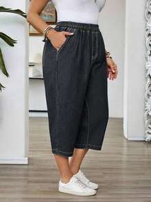 Plus Size Women's Dark Grey Elastic Waist Capri Length Jeans, Topstitching Craftsmanship, Comfortable Vintage Mid-Length Pants For Summer Commute Casual - Dark Grey - View 4