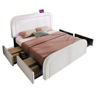 (=ABMA044647W) Bed Frame With USB Type C Charging Function, LED Lighting And 4 Drawers, 160x200cm Upholstered Double Bed, Height-Adjustable Headboard, Wooden Slatted Base, White Sherp (With Mattress)