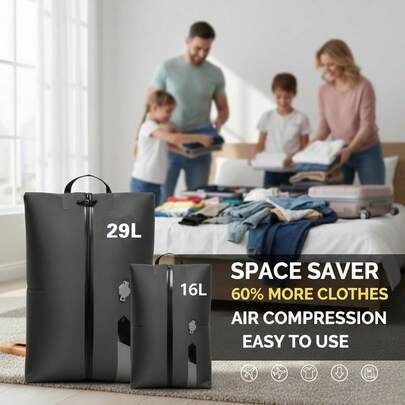 16L/29L Reusable Vacuum Storage Bags, No Electric Pump Needed One-Way Valve Compression Bags For Travel Luggage & Clothes