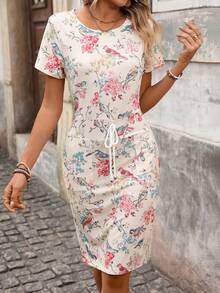 Women's Summer Floral Print Casual Dress With Pockets And Drawstring Waist - Multicolor - View 3