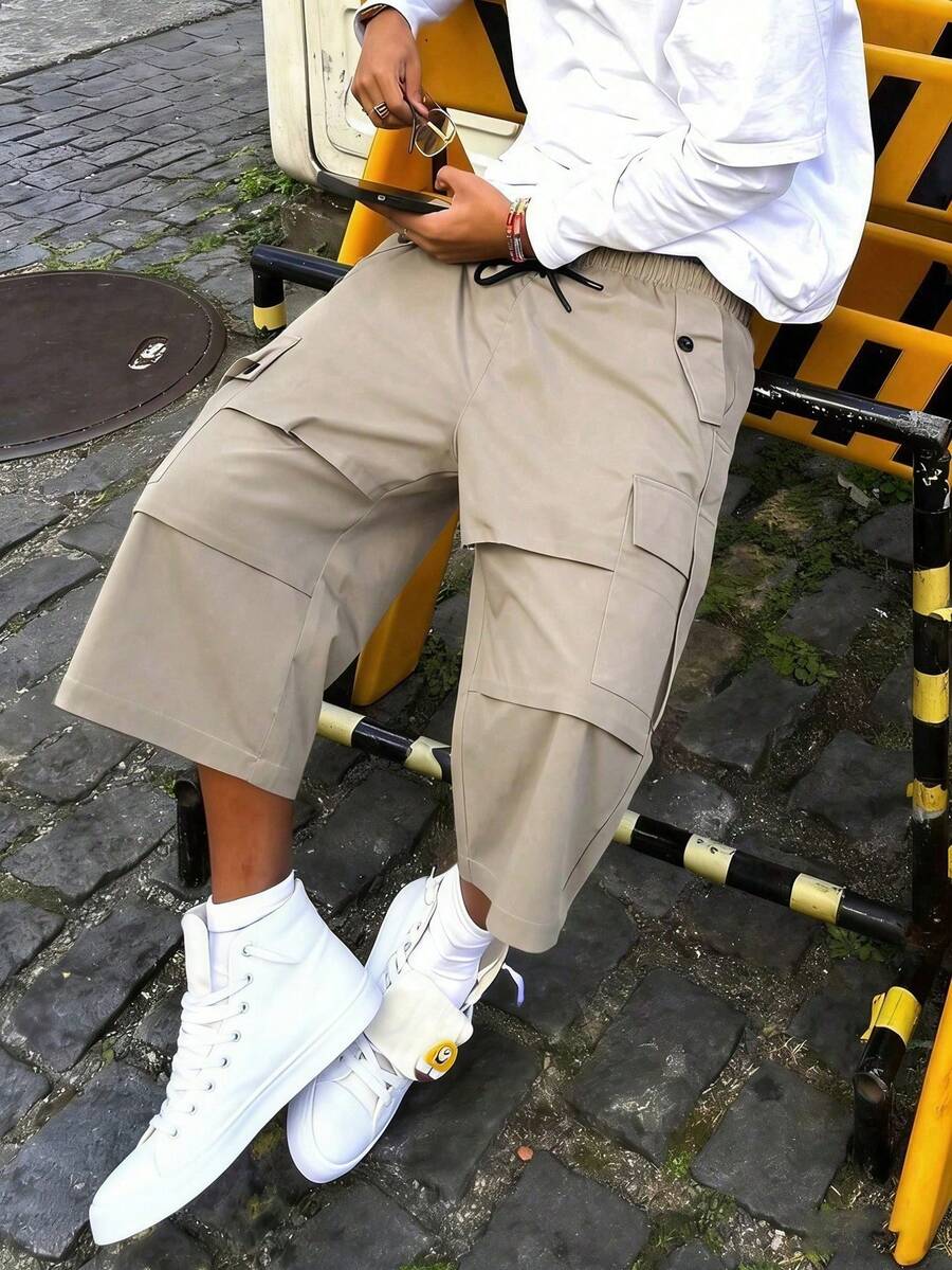 Quần lửng kaki nhiều túi dành cho nam, kiểu dáng rộng rãi, dài đến đầu gối, phong cách đường phố. - Màu Khaki - Xem 1