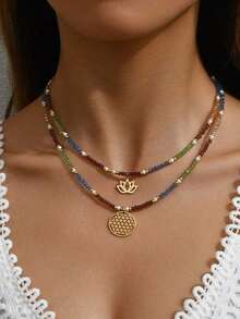 2pcs Bohemian Lotus & Geometric Pendant Handmade Beaded Double-Layered Necklace For Women's Holiday Party Jewelry - Multicolor - View 2