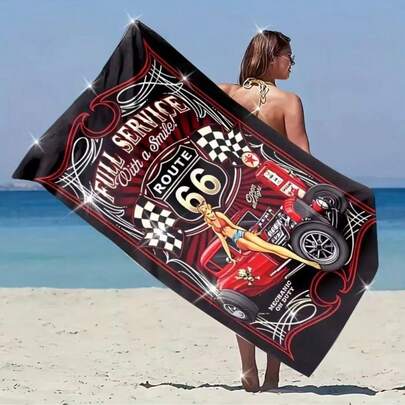 1pc Vintage Racing Beach Towel - Soft Polyester Microfiber, Black With Red & White Plaid Design, Printed With "Full Service " Pattern, Suitable For Beach, Swimming Pool, Yoga, Camping And More, Beach Towel | Retro Style | Soft Texture