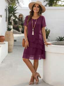 Summer New Arrival Women's Elegant Casual Chiffon Dress Solid Color Short Sleeve Round Neck Flowy Ruffle Hem Loose Straight Dress For OfficeWear - Purple - View 3