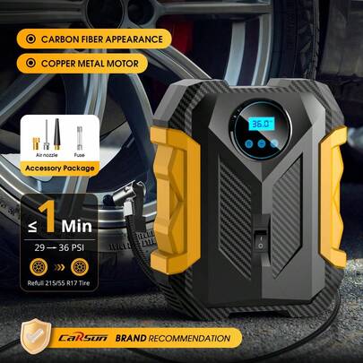  Carsun 22 Cylinder Portable Tire Inflator Air Compressor, Copper Motor With Digital Display, LED Light, Carbon Fiber Texture, 3 Nozzle Adapters, 12V DC Car Plug, Fast Inflation, Auto Shut Off, Integrated Storage Space, Suitable For Car Tires And Inflatables (CE FCC Certified)