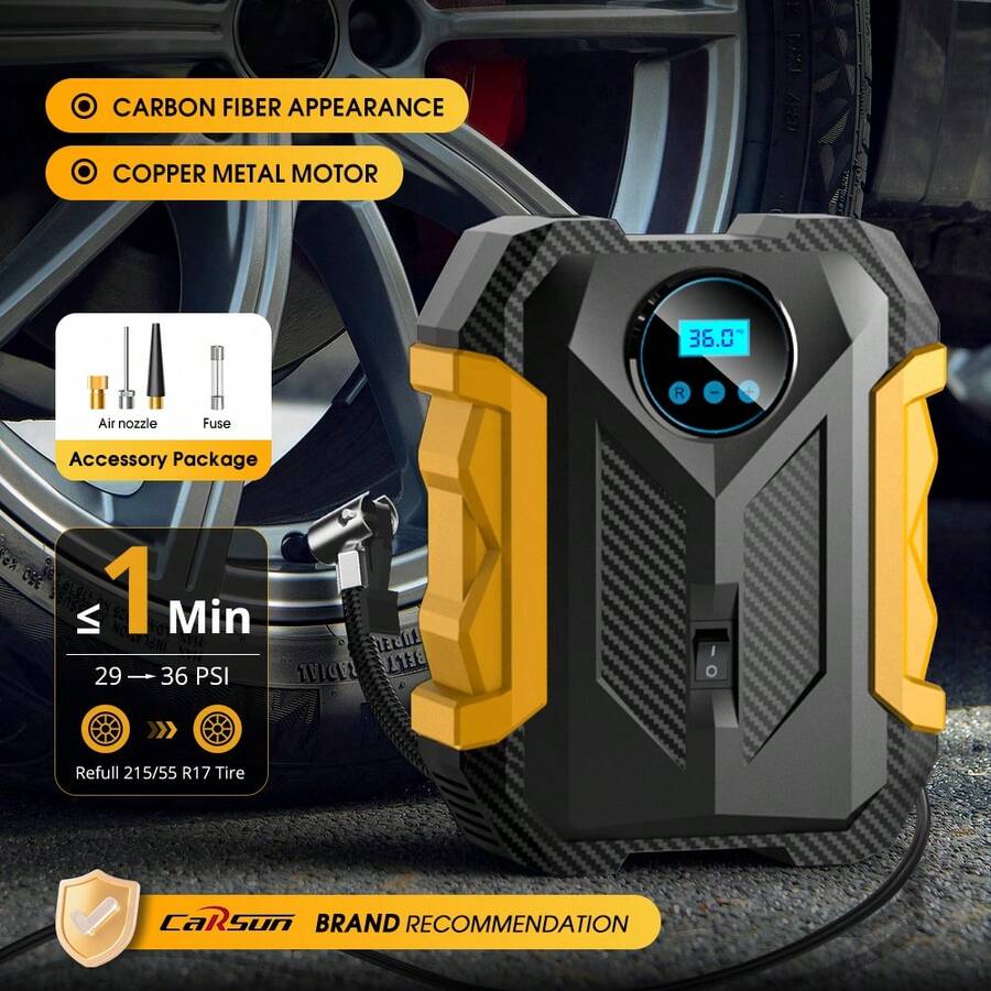 Carsun 22 Cylinder Portable Tire Inflator Air Compressor, Copper Motor With Digital Display, LED Light, Carbon Fiber Texture, 3 Nozzle Adapters, 12V DC Car Plug, Fast Inflation, Auto Shut Off, Integrated Storage Space, Suitable For Car Tires And Inflatables (CE FCC Certified)