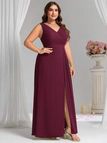 Plus Romantic V Neck Sleeveless Ruched Bust High Split Bridesmaid Dresses For Wedding Party Wedding Guest - Burgundy - View 3