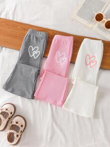 3pcs Baby Girls' Casual Ribbed Knit Heart Print Flared Pants Set, Suitable For Spring/Summer Daily & Home Wear - Multicolor - View 4