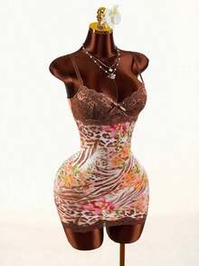 Amplova Lace Cup Detail Tropical Floral Mesh Bodycon Mini Dress Lace Trim Dress,Party Dress - Multicolor 2 - View 5