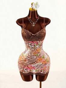 Amplova Lace Cup Detail Tropical Floral Mesh Bodycon Mini Dress Lace Trim Dress,Party Dress - Multicolor 2 - View 12