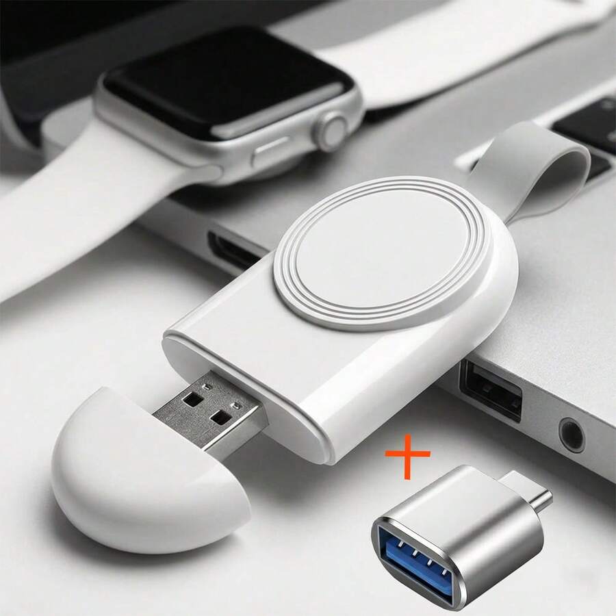 USB-C & USB-A Interface Magnetic Wireless Watch Charger, Portable Wireless Fast Charging Charging Dock, Supports Fast Wireless Charging, For Watch Ultra 2/Ultra/SE 2/SE Series 10/9/8/7/6/5/4/3/2/1 - White - View 1
