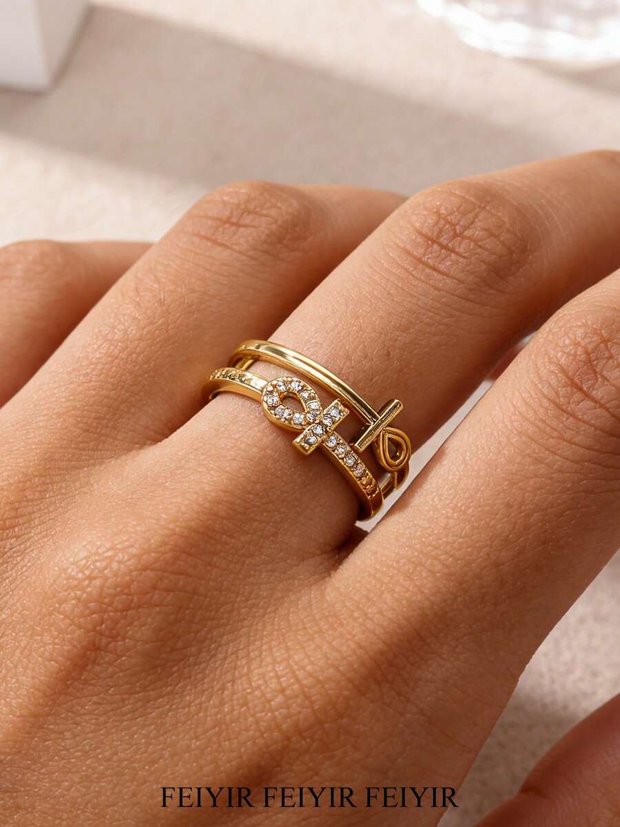 4pcs Vintage Cross & Heart Geometric Gold Rings, Suitable For Women/Best Friends, 18K Gold Plated Cubic Zirconia Adjustable Delicate Rings, Wedding Jewelry Vacation Accessories, Birthday Mother's Day Gift - Multicolor - View 1