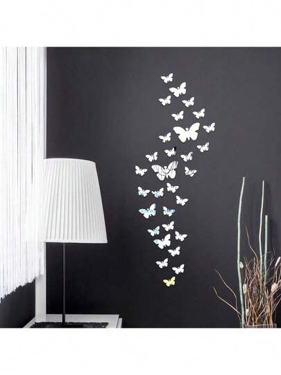 Bộ 36 miếng dán tường hình bướm xoáy nhiều màu sắc, miếng dán bướm tráng gương acrylic bạc, miếng dán tường hình bướm 3D, thích hợp để trang trí phòng khách, phòng ngủ và văn phòng.