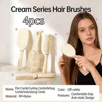 Bộ 4 lược chải tóc Cream Series: lược dẹt/lược uốn/lược đệm khí/lược tạo độ phồng, thiết kế đàn hồi, nhẹ nhàng cho tóc và da đầu, bền và dễ vệ sinh, phù hợp cho cả gia đình, lược đệm khí tạo độ phồng, bộ lược chải tóc dài, lược chải tóc thẳng, lược dùng cho ký túc xá sinh viên, lược massage uốn tóc tại nhà cho nữ.