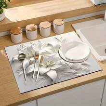 1 pieza Estera de secado de platos con relieve de lirio blanco, absorbente y de secado rápido, adecuada para mesa de comedor y cafetería, almohadilla de drenaje multiusos, regalo para el hogar, decoración de escritorio - XYLSD-87 - Ver 9
