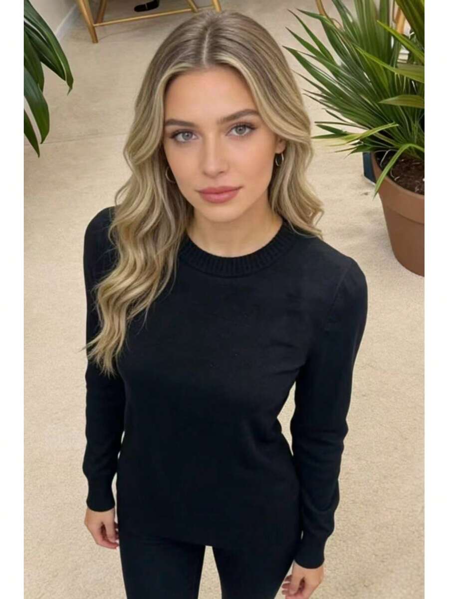 Steve Store Women's Fashion Round Neck Modal Long Sleeve Imported Cold Weather Blouse Autumn And Winter Fashion - cor preto - 查看 1