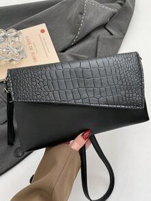 Embrague de textura de cocodrilo de unicolor de nicho, bolso de hombro casual retro, nuevo bolso de sobre minimalista de moda para mujeres - Negro - Ver 7