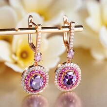 Vanel 1 Pair Elegant Rose Gold Round Purple Cubic Zirconia Earrings, Double-Hoop Pink And White CZ Pendant Earrings, Fashionable Luxury Jewelry For Daily Wear And Parties - Golden Yellow-multicolor - View 3