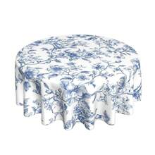 Blue Sage Green Floral Round Tablecloth - 60 Inch Dia Or 70 Inch Dia Chinoiserie Flower Table Cloth Vintage Boho Floral Polyester Fabric Farmhouse Round Table Cover For Kitchen Party Dining Picnic Outdoor Decor - Hoa văn xanh dương 3 - Xem 1