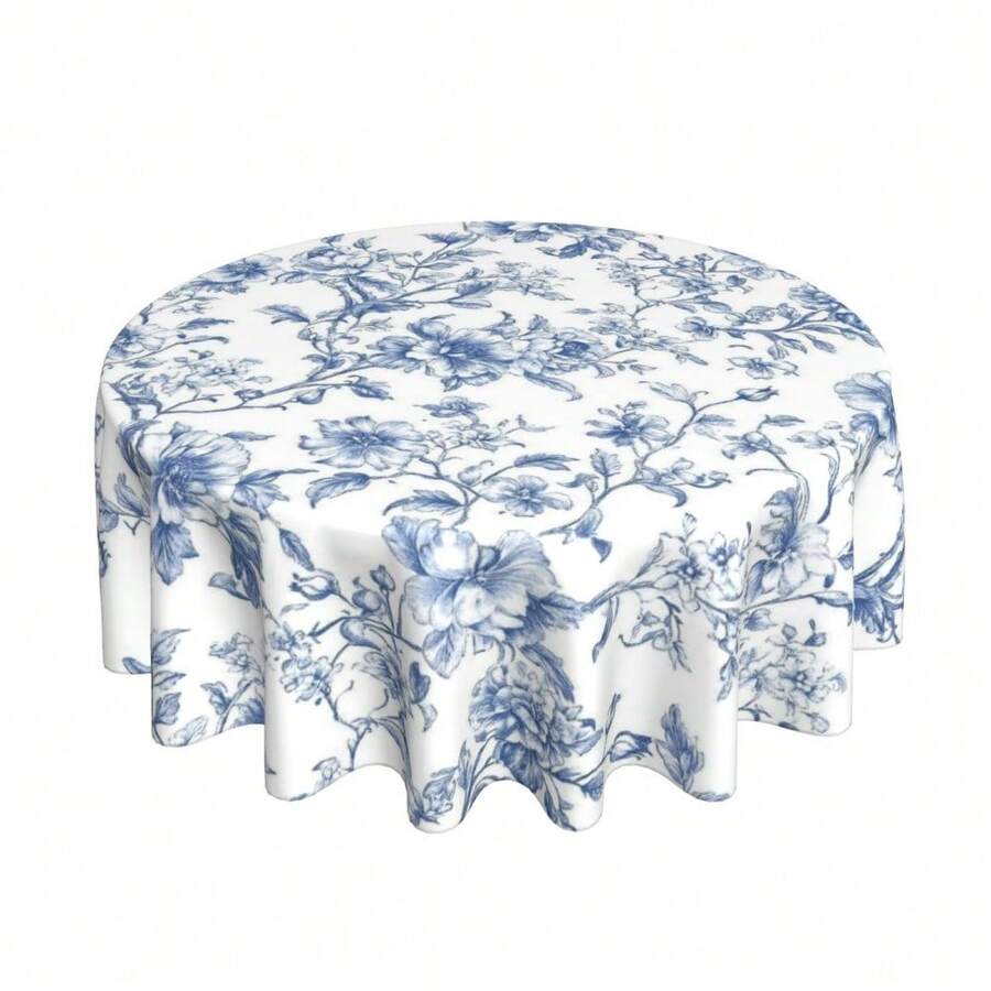 Blue Sage Green Floral Round Tablecloth - 60 Inch Dia Or 70 Inch Dia Chinoiserie Flower Table Cloth Vintage Boho Floral Polyester Fabric Farmhouse Round Table Cover For Kitchen Party Dining Picnic Outdoor Decor - Hoa văn xanh dương 3 - Xem 1