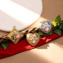 1/3pcs 304 Stainless Steel Vintage Heart/Square Pendant, Colorful CZ Inlay Charm, Durable DIY Jewelry Accessory For Necklaces & Bracelets - Pendants - View 4