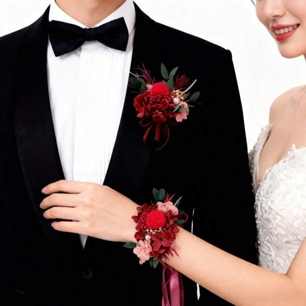 1 chiếc vòng hoa cài cổ tay trang trí đám cưới, màu đỏ. Bộ vòng hoa cài áo và hoa cài cổ tay cho chú rể và cô dâu, trang trí đám cưới bằng hoa vĩnh cửu.
