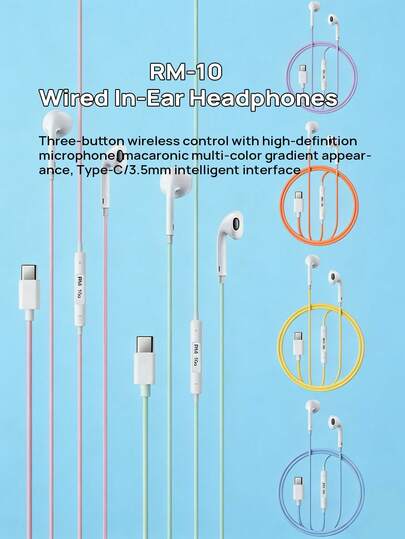 REMAX Wired In-Ear Headphones, Ergonomically Designed For Comfortable Wear, Featuring A Type-C/3.5mm Smart Interface, Three-Button In-Line Controls With A High-Definition Microphone, And A Colorful Gradient Macaron Design. Compatible With Apple, Huawei, And Xiaomi Devices, Enjoy Lossless Calls And Music Playback.