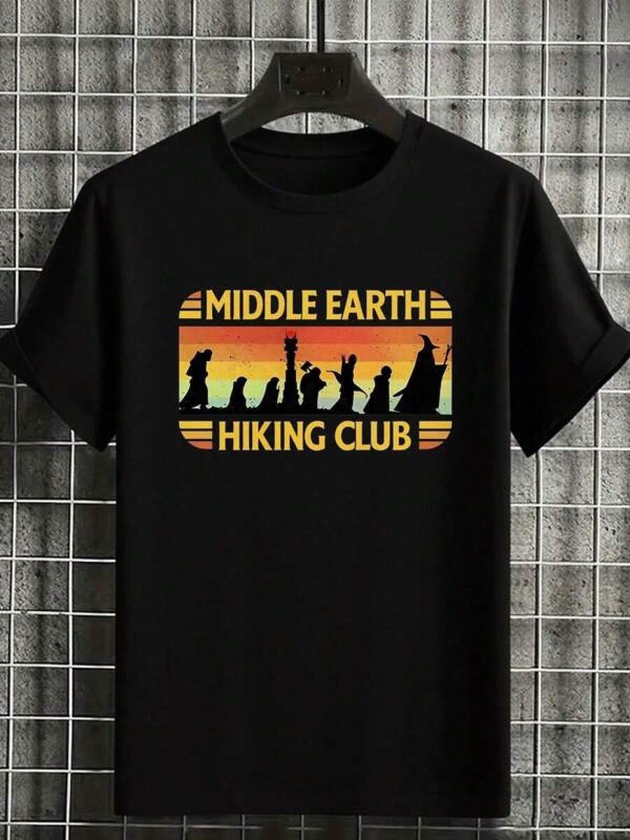 T Shirt Print ,Graphic-Cotton Tees Size Plus, Cartoon Round Neck Short Sleeve,1PC Men's Middle Earth Hiking Club Fantasy Adventure T-Shirt Inspired By Tolkien Characters And Landscapes ,Y2K,Oversized Shirt Men,With Shirt,Summer Tops,Shirt Suitable - 黑色 - 查看 1