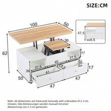 Height-Adjustable Coffee Table With Folding Function And 4 Drawers, 100 X 50 X 47.5 Cm, One Large And One Small Hydraulic Lifting Table, Mobile Living Room Table With Universal Wheels, Side Table For Sofa. - Natural Color - View 5