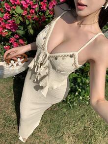 abyoxi Conjunto de 2 piezas con falda de sirena con volantes en la cintura y top de tirantes texturizado en beige - Estilo elegante y suave - Albaricoque - Ver 3