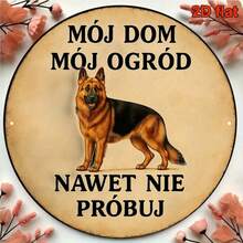 1个2D复古德国牧羊犬警示牌 - 耐用的8英寸圆形木质安全海报，波兰语文字和德国牧羊犬图案，复古装饰，适用于围栏、狗屋或农场 - 2D平面，预钻孔，尺寸如图所示 - 多色 - 查看 1