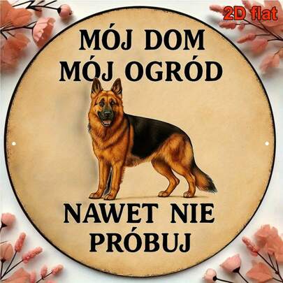 1pc 2D Flat Vintage German Shepherd Warning Sign - Durable 8 Inch Round Wooden Safety Poster With Polish Text And German Shepherd Design, Vintage Decor For Fence, Dog House Or Farm - 2D Flat, Pre-Drilled Holes As Shown In Size