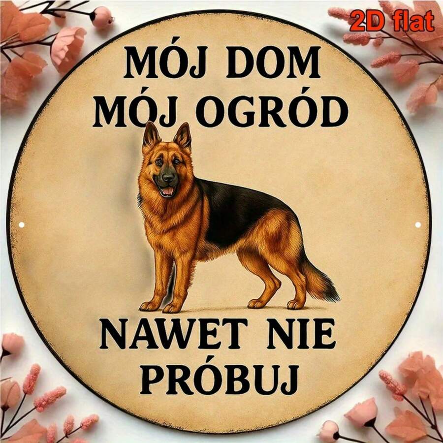 1个2D复古德国牧羊犬警示牌 - 耐用的8英寸圆形木质安全海报,波兰语文字和德国牧羊犬图案,复古装饰,适用于围栏、狗屋或农场 - 2D平面,预钻孔,尺寸如图所示 - 多色 - 查看 1