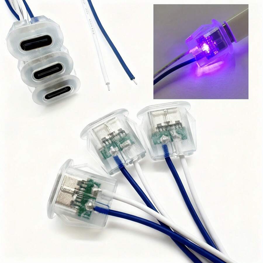 5/10个装 Type-C 2P USB 母头转公头适配器（带紫色指示灯），透明扁平头设计，白色和蓝色镀锡铜线增强连接性，通用型，适合 DIY 爱好者 - 紫羅蘭色 - 查看 1