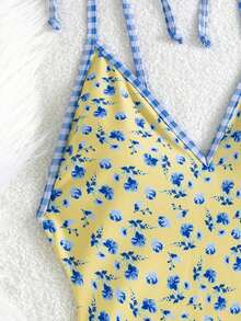 Traje de baño de una pieza con estampado floral y cuadros, con escote en V y tirantes para mujer - Multicolor - Ver 4