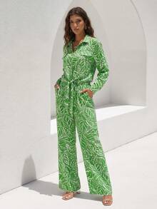 ZIAI 新叶印花长袖宽松优雅通勤休闲女式衬衫裤套装，春夏款 - 綠色 - 查看 1