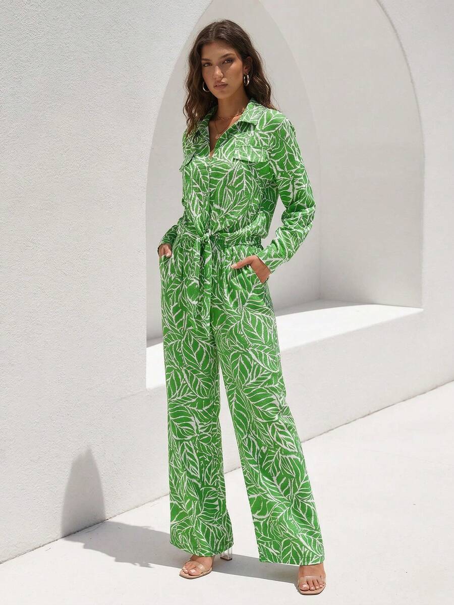 ZIAI 新叶印花长袖宽松优雅通勤休闲女式衬衫裤套装，春夏款 - 綠色 - 查看 1