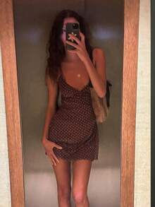 Đầm ngắn gợi cảm thời trang mùa hè in chấm bi hở lưng dây buộc dành cho nữ - màu nâu - Xem 3