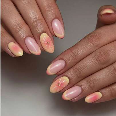 24 miếng dán móng tay acrylic hình oval với họa tiết hoa 3D ombre màu cam hồng, kiểu dáng tối giản, phù hợp với mọi phụ nữ, phụ kiện móng tay mùa hè.