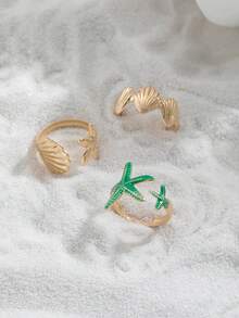 Bộ 3 chiếc nhẫn hở hình sao biển và vỏ sò, trang sức tối giản phong cách nghỉ dưỡng biển cả, phù hợp cho chuyến đi biển và đeo hàng ngày. - Nhiều màu - Xem 2