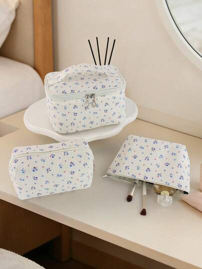 Set de 3 bolsas de cosméticos de terciopelo con estampado floral campestre, organizador de maquillaje portátil de viaje, bolsa de maquillaje multicapa multifuncional, neceser