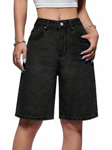 Women Jorts Baggy Jeans Jorts Outfits Mid-Low Waisted Denim Y2K Shorts Summer Hot Short Pants Streetwear - màu đen - Xem 1
