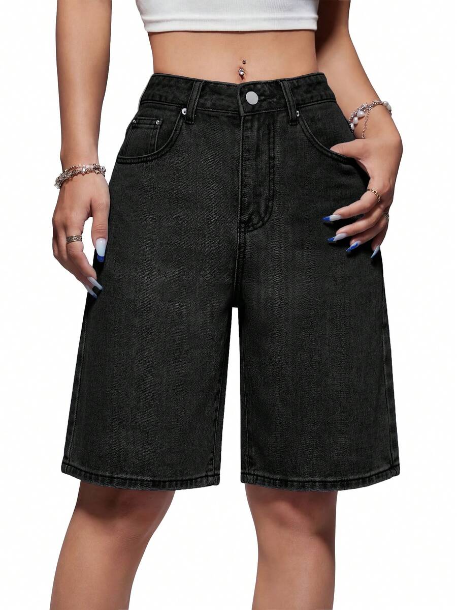 Women Jorts Baggy Jeans Jorts Outfits Mid-Low Waisted Denim Y2K Shorts Summer Hot Short Pants Streetwear - màu đen - Xem 1