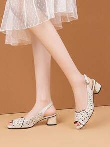 Women's Rhinestone High Heel Sandals, Fashionable Buckle Strap Sandals, Comfortable Chunky Heel High Heel Sandals - Beige - View 4