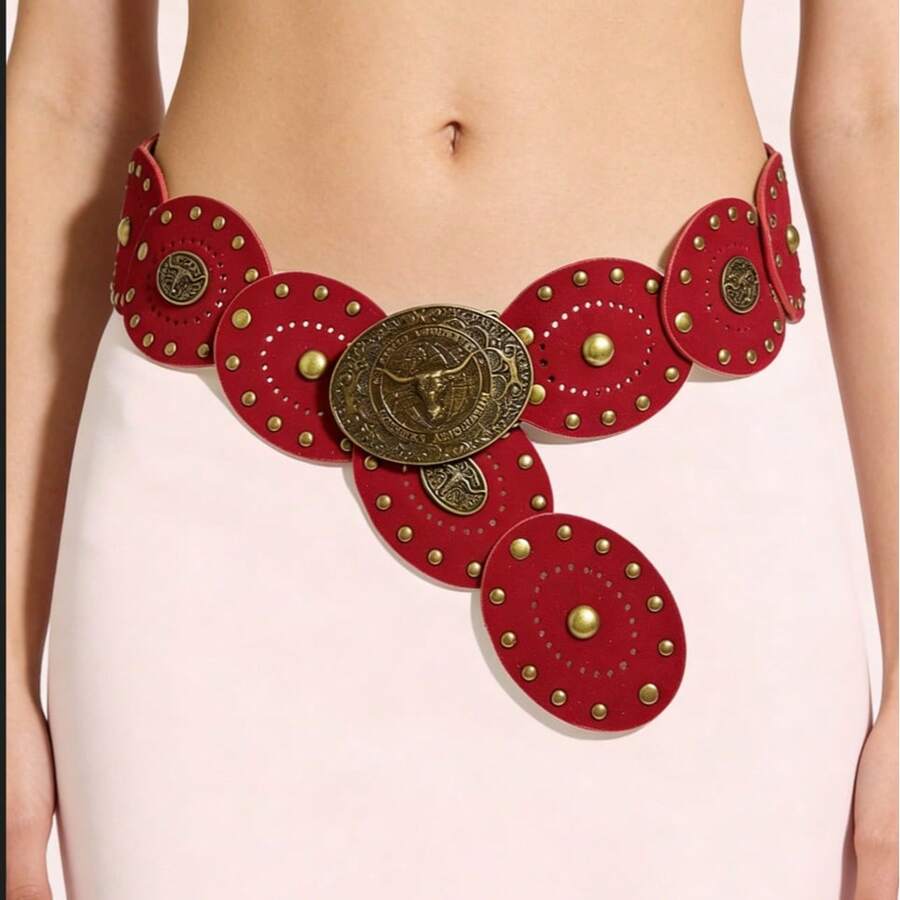 Lanț rotund vintage din metal gol, curea de talie la modă exagerată, accesoriu elegant și versatil pentru talie pentru femei - roșu - Vizualizare 1